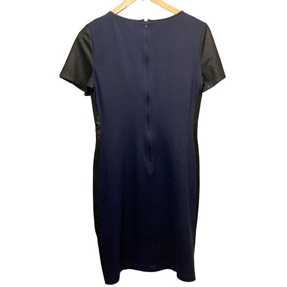 Theory Leilana Leather Trim Shift Dress Womens 10 Navy Blue Black Leather - Picture 6 of 10